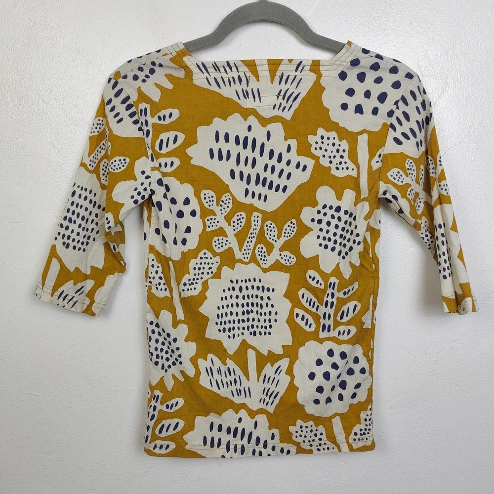 Sou Sou Womens Top Small‎ Mustard Yellow Floral Boat Neck 3/4 Sleeve Art to Wear